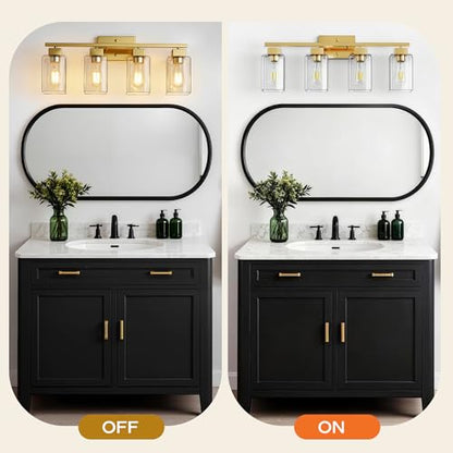 4-Light Bathroom Light Fixtures, Brushed Gold Modern Vanity Lights, Bathroom Lighting Fixtures Over Mirror, Square Design Farmhouse Wall Sconces with Clear Glass Shades - color: Brushed Gold, size: 4-Light