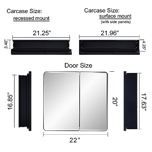Black Bathroom Medicine Cabinet with Round Corner Framed Door and Beveled Edge Mirror 22 x 20 inch, Recessed or Surface Mount, with Adjustable Glass Shelves - size: 22 x 20 inch