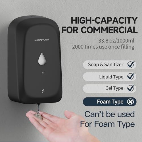JETWELL Touchless Wall Mount Stainless Steel Soap Dispenser 34OZ/1000ML | Black Matte Cover, Large Capacity, Battery Powered, Liquid Soap, Commercial & Home Use - color: Black Matte Stainless Steel