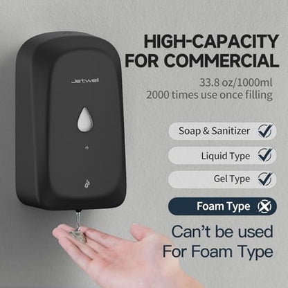 JETWELL Touchless Wall Mount Stainless Steel Soap Dispenser 34OZ/1000ML | Black Matte Cover, Large Capacity, Battery Powered, Liquid Soap, Commercial & Home Use - color: Black Matte Stainless Steel