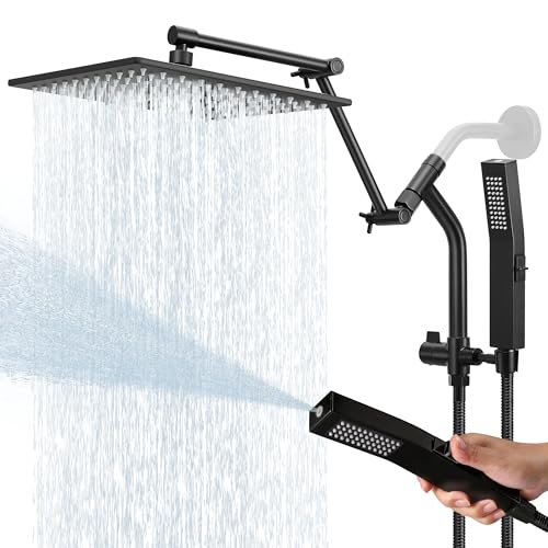 All Metal 10 Inch Rain Shower Head with Handheld Built-in Power Wash Mode, High Pressure Waterfall Rainfall Square Shower Heads with 16" Adjustable Extension Arm, Dual Showerhead, Matte Black - color: Matte Black, size: 10 Inch