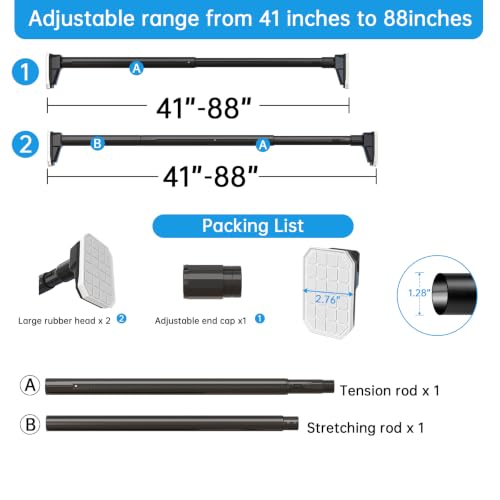 Tension Curtain Rods, Adjustable, Rust-Proof, No Drilling Shower Curtain Rod for Window, Living Room, Bathroom, Outdoor, Patio, Renter Friendly Adjustable Heavy Duty Curtain Rods (Black, 41-88'') - color: Black, 41-88''