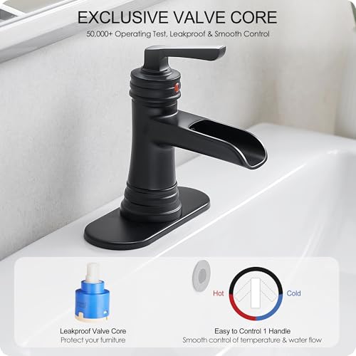 Matte Black Bathroom Faucet 1 Hole, Brass Waterfall Bathroom Faucets 3 Hole 4 Inch Single Handle with Pop-up Drain, Deck Plate, Pre-Installed cUPC Hose for Lavatory, Farmhouse, 5 Mins Install - color: Matte Black