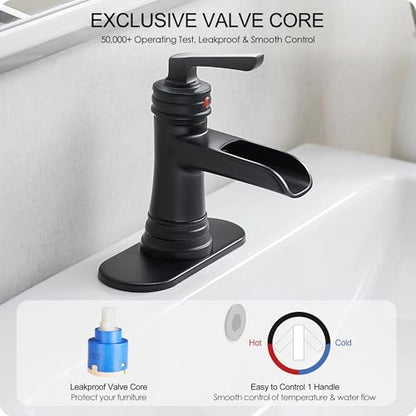 Matte Black Bathroom Faucet 1 Hole, Brass Waterfall Bathroom Faucets 3 Hole 4 Inch Single Handle with Pop-up Drain, Deck Plate, Pre-Installed cUPC Hose for Lavatory, Farmhouse, 5 Mins Install - color: Matte Black
