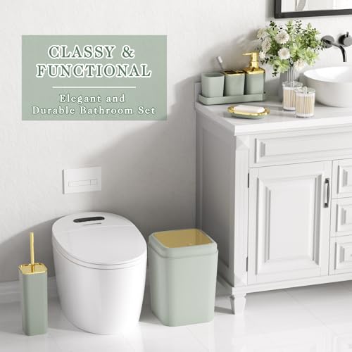 XLHOMO Sage Green Bathroom Set - 24PC Bathroom Sets with Shower Curtain and Rugs, Sage Green Bathroom Accessories Set with Press-on Lid Bathroom Trash Can, Soap Dispenser - color: Sage Green and Gold, size: Press-lid Complete Set+Bath Rugs