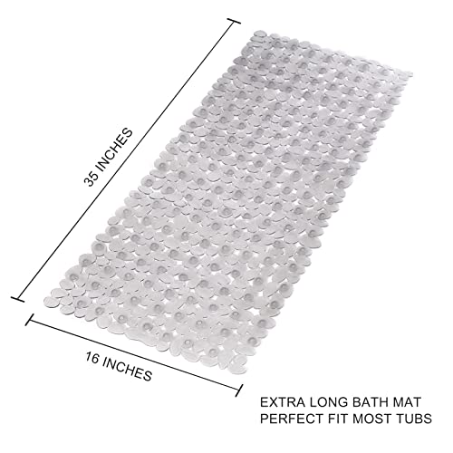 WELTRXE Non Slip Bathtub Mat 35 x 16 Inches Pebbles Shower Mats with Suction Cups, Drain Holes for Bathroom Showers, Tub, Machine Washable Bathroom Mats BPA, Latex Free Safe Tub Mats - Clear Gray - color: Pebbles-clear Gray, size: 35" x 16" (Rectangular)