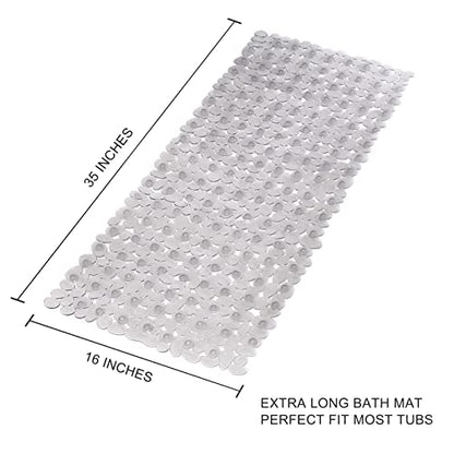 WELTRXE Non Slip Bathtub Mat 35 x 16 Inches Pebbles Shower Mats with Suction Cups, Drain Holes for Bathroom Showers, Tub, Machine Washable Bathroom Mats BPA, Latex Free Safe Tub Mats - Clear Gray - color: Pebbles-clear Gray, size: 35" x 16" (Rectangular)