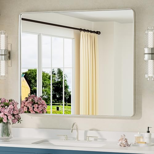TETOTE 42 x 36 Inch Brushed Nickel Mirror Metal Framed Bathroom Mirror, Tempered Glass, Modern Farmhouse Wall Mounted Mirror for Decorative(Horizontal/Vertical) - color: Brushed Nickel, size: 36"L x 42"W