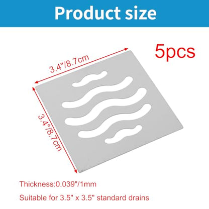 Drain Cover Grates Fit 3.5" x3.5" Drain, Stainless Steel Drainage Grate Cover Square Replacement Floor Drain Strainer for Shower, Bathroom Floor, Balcony, and Outdoor Garden Drains -5pcs - size: 3.4" x 3.4"