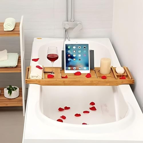COLORANTIC | Bamboo Wood Bathtub Tray | Bathroom Caddy & Wine Holder | Cell Phone, iPad & Book Holder | Spa & Relaxation Gift for Women, Women & Parents | DIY Rustic Bath & Bathroom Organizer