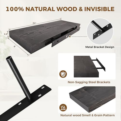 Solid Wood Floating Shelves, 24 Inch Wall Shelves, Set of 2, Black | 8 Inch Deep, 1.6 Inch Thick, Extra-Wide Display Space, Mounting Hardware Included, For Kitchen, Bathroom and Living Room - color: Black, size: 24x8x1.6