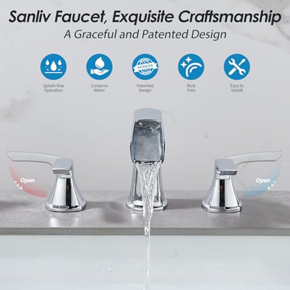 Chrome Waterfall Bathroom Faucet, Sanliv 3-Piece Widespread Bathroom Sink Faucets, 2-Handle Vanity Faucet for 3-Hole Sinks 4-8 Inch with Pop-Up Drain, ‎Polished Chrome - color: Chrome