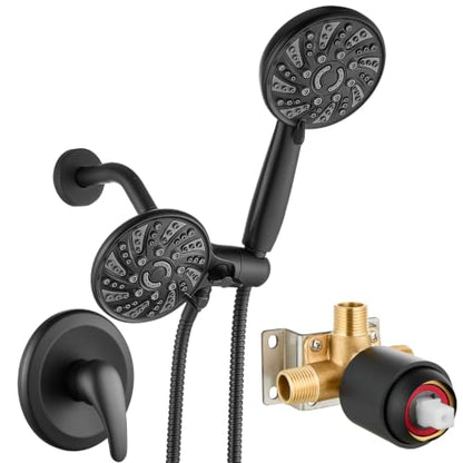 gotonovo Dual Shower Head Kit with Valve 6 Mode Handheld Matte Black | 6 Mode ABS Rain Head 6 Mode ABS Handheld Spray 2 in 1 Bathroom Trim Kit Pressure Balance Valve Shower Head and Handle Set - color: Black