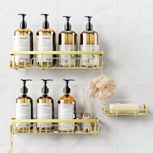 Shower Caddy, 3 Pack Shower Shelves for Inside Bathroom, Rustproof Adhesive Bathroom Organizer with Soap Holder, No Drilling Washroom Organizers and Storage for Bathtub Room/Kitchen/Home, Gold - color: Gold, size: 3-pack