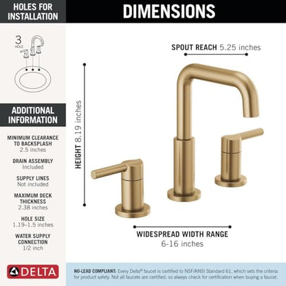 Delta Nicoli Brushed Gold Faucet 3 Hole, 8 Inch Widespread Bathroom Sink Faucet for Vanity, Push-Pop Drain Assembly, Champagne Bronze 35849LF-CZ - color: Champagne Bronze
