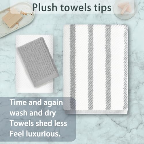 VOOVA & MOVAS Stripe 3PC Towel Set, 100% Cotton, Grey | 1 Stripe Large Bath 30x54 In,1 White Hand 18x28 In,1 Grey Washcloth 13x13 In, Quick Dry, Thick, Dorm Room Essentials - color: Grey+white Stripe, size: 3 PC Bathroom Towel Set
