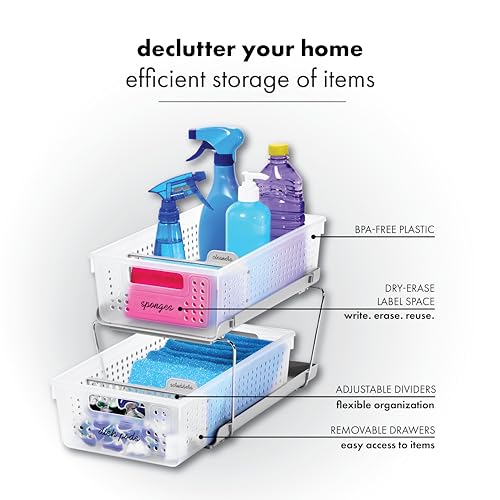 madesmart 2 Tier Organizer, Under Cabinet Storage with Pull Out Sliding Drawers, for Cleaning Supplies, Pantry, Undersink, Sponges, Bottles & Bath, Pull Out Baskets, Frost 2 PACK