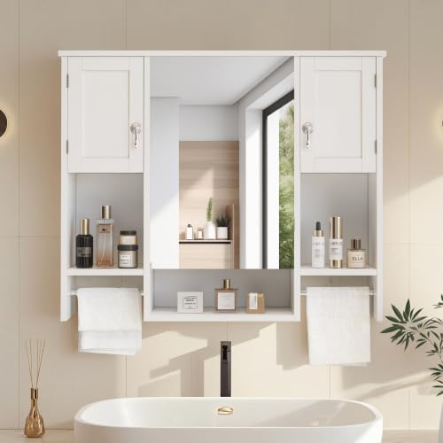 VECELO Large Bathroom Wall Cabinet with Mirror, Wall Mounted Medicine Cabinet with Open Shelves, 2 Towel Bars for Bathroom Laundry Room Kitchen, 35.04" L x 7.09" W x 28.94" H