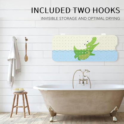 PRATIQUE Kids Bath Mat for Tub Non Slip，40 X 16 Inch Extra Long Kids Bathtub Mat Crocodile Bathtub Shower Mat Safety Anti Slip with Suction Cups and Drain Holes, Machine Washable - color: Crocodile