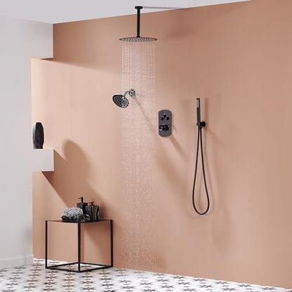 MONDAWE 12 Inch Ceiling Mounted Black Shower System, Dual Rainfall Shower Head & High Pressure Handheld Spray Combo, 3-Function Luxury Shower Faucet Set for Bathroom, All Functions Work Simultaneously - color: Matte Black