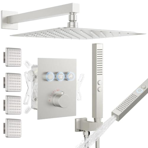 Thermostatic Shower System with Body Jets, STARBATH 12" Rain Showerhead with 2 Modes Handheld Spray, Can Use All at Once, Thermostatic Shower Jets System in Wall Shower Faucet Sets, Brushed Nickel - color: Brushed Nickel, size: 12"-05