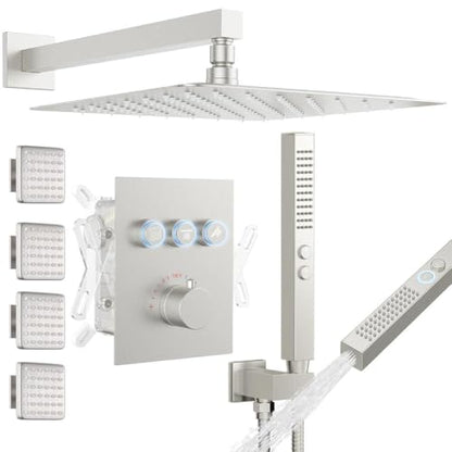 Thermostatic Shower System with Body Jets, STARBATH 12" Rain Showerhead with 2 Modes Handheld Spray, Can Use All at Once, Thermostatic Shower Jets System in Wall Shower Faucet Sets, Brushed Nickel - color: Brushed Nickel, size: 12"-05