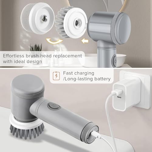 Electric Cordless Spin Cleaning Scrubber, Powerful Handheld Shower Cleaner with 6 Interchangeable Brush Heads, Multi-Surface Cleaner for Bathroom Tub Tile Grout Kitchen Sink Window Floor Car, Gray