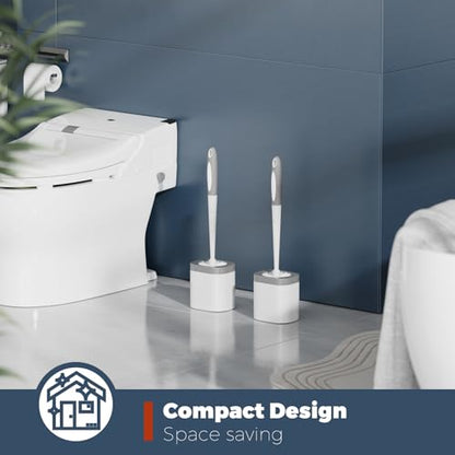 Holaloha Toilet Brush and Holder Set, Space Saving, 2 Pack, White | Bathroom Accessories, Ergonomic Silicone Handle, Dense Bristles, Deep Cleaning, Scrubber, Compact Design - color: White
