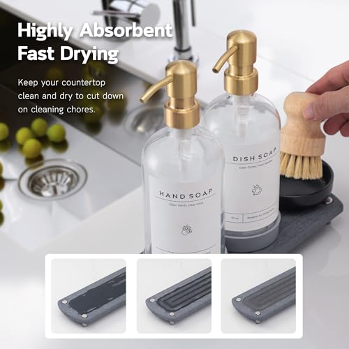 [Luxury] Kitchen Soap Dispenser Set - 16OZ Clear Glass Bottle, Stainless Steel Pump, Instant Dry Tray, Waterproof Labels, Non-Slip Silicone Pad, and Dish Brush | Upgrade for Your Kitchen and Bathroom - color: Transparent Bottle + Gold Pump