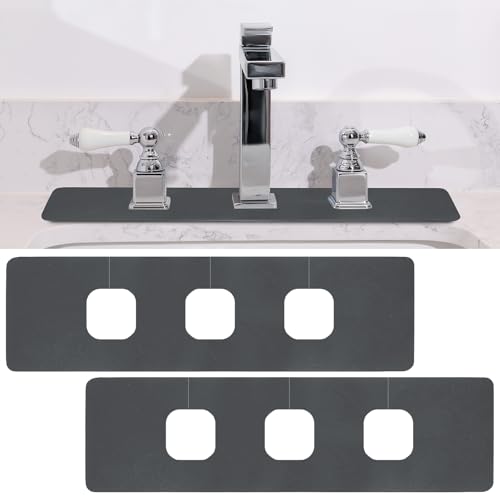 Tioncy 2 Pcs 3 Hole Faucet Mat for Kitchen Sink Kitchen Faucet Absorbent Mat Splash Catcher Sink Drip Catcher for Bathroom Counter(Square Hole,Dark Gray)