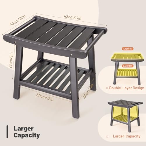 Bamboo Shower Stool Bench,Shower Chair for Inside Shower with Storage Shelf | Grey,Large Storage,Ergonomic Curved Design,A-Shaped Stable Construction,Non-Slip Rubber Feet,Hold 300lbs - color: Grey