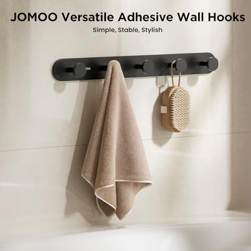 JOMOO 2 Pack Adhesive Wall Hooks for Bathroom, Aluminum Towel Hooks with 5 Hooks Each, No Drill Shower Hooks Heavy Duty 11LBS, Matte Black Robe Hook Rack