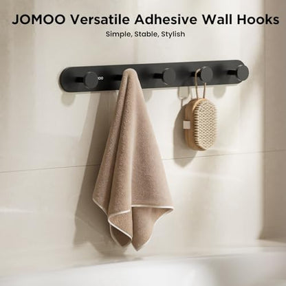 JOMOO 2 Pack Adhesive Wall Hooks for Bathroom, Aluminum Towel Hooks with 5 Hooks Each, No Drill Shower Hooks Heavy Duty 11LBS, Matte Black Robe Hook Rack