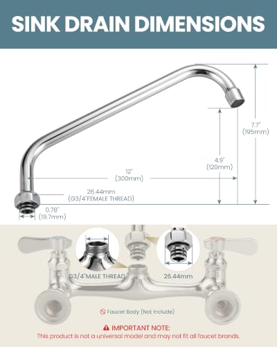 G3/4 Internal Thread Commercial Faucet Swivel Spout Replacement: 12“ Add-on Swing Nozzle Spout - Chrome Polished Spout Replacement Part For Commercial Kitchen Sink Faucet - 1.8gpm/ 2.2gpm Aerator - size: 12 Inch
