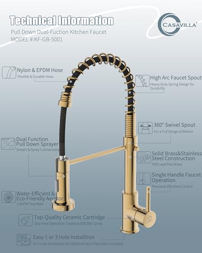 Kitchen Faucet, Brushed Gold Faucet for Kitchen Sink, Kitchen Sink Faucet with Pull Down Sprayer, Single Handle Stainless Steel Kitchen Faucets with Dual Function Spray Head - color: C-Brushed Gold, style: Classic