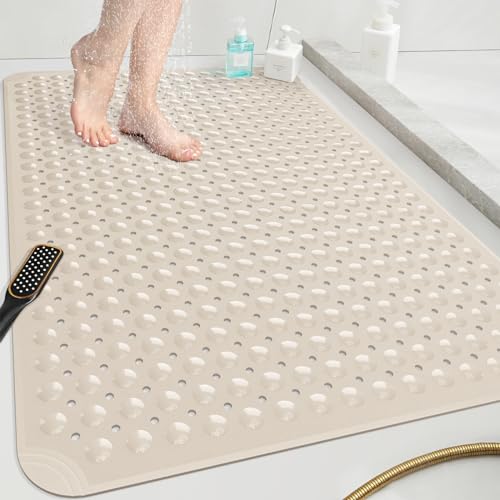 OTHWAY Extra Large Shower Mat 47"x 32", TPE Non Slip Shower Mat for Shower Stall, Inside Walk in Shower Mats with Drain Holes Suction Cups, Anti-Slip for Elderly (Apricot) - color: Apricot