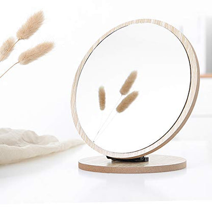 Aestivate Round Compact Table Mirror - Standing Wood Framed, 90 Degree Rotating for Makeup & Cosmetic - size: 7"L x 7"W