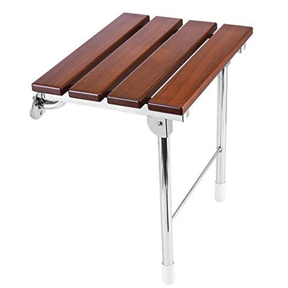 Folding Shower Seat Wall Mounted with Legs, Foldable Shower Chair for Inside Shower, Fold Down Shower Bench for Seniors (Wood, Fixed Height)