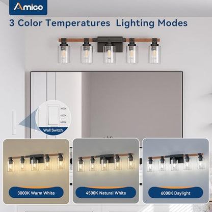 Amico 5-Light Farmhouse Bathroom Vanity Light, Seeded Glass, Black & Wood | Bubble Glass Shade Wall Sconce, Over Mirror Lighting for Bathroom, Bedroom, Living Room, Hallway, Powder Room, Entryway - size: 5-Light