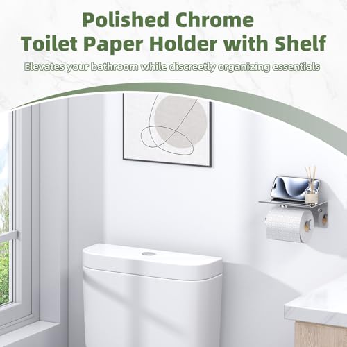 Polished Chrome Toilet Paper Holder with Phone Shelf, Wall Mounted | Sturdy 304 Stainless Steel, Fits Bathroom, Restroom, Powder Room, Heavy Duty Paper Roll & Tablet Storage Tissue Dispenser - color: Polished Chrome, size: Single Rod