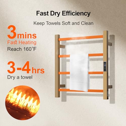 Electric Heated Towel Warmer - Wall Mounted Bathroom Towel Rack, Plug-in Design & Gold Brushed Stainless Steel Finish Gold with Timer & Temperature Control, 4 Bar - color: Square Gold With Timer, size: 4 Bar