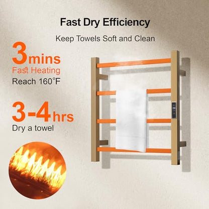 Electric Heated Towel Warmer - Wall Mounted Bathroom Towel Rack, Plug-in Design & Gold Brushed Stainless Steel Finish Gold with Timer & Temperature Control, 4 Bar - color: Square Gold With Timer, size: 4 Bar
