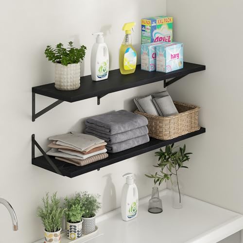 Deep Floating Shelves - 40 Inch Black Floating Shelves Set of 2-12 Inch Deep Wood Wall Shelves for Living Room Bathroom Kitchen - color: Black, size: 40W x 12D