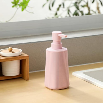 YAUKPH Small Soap Dispenser for Bathroom and Kitchen Matte Pink for Girls | Modern Farmhouse Striped Style Plastic Hand Soap Dish Soap Dispenser with Pump - color: Light Pink