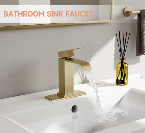 Brushed Gold Bathroom Faucets Evolvegoods Modern Waterfall Bathroom Faucet | Single Handle 1 or 3 Hole Bathroom Sink Faucet RV Mixer Tap Vanity Faucet with Deck Plate Pop-up Drain and Supply Lines - color: Brushed Gold