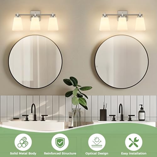 3-Light Modern Bathroom Vanity Light, Wall Sconce Over Mirror with Milky White Frosted Glass Shades, E26 Socket (Bulbs Not Included) - color: Brushed Nickel, size: 3-Light