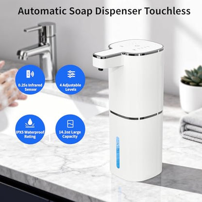 Automatic Foaming Soap Dispenser, Touchless Hand Soap Dispenser, USB Rechargeable, 4 Adjustable Levels, 14.2 oz (420 ml) Large Capacity, for Bathroom, Kitchen & School (White, Foaming) - color: White, size: Foaming
