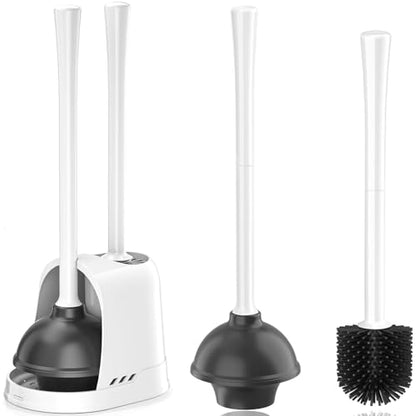 Toilet Plunger and Brush, Silicone Bowl Brush and Heavy Duty Toilet Plunger Set with Ventilated Holder, 2-in-1 Toilet Brush and Plunger Combo for 5.3-inch Bathroom Cleaning (White, 1 Set) - color: White
