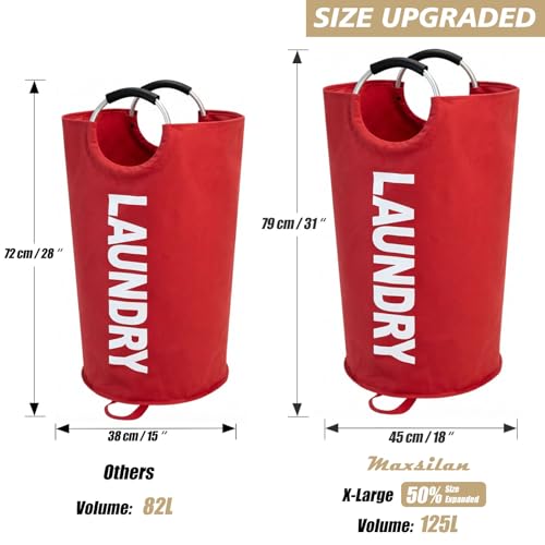 Maxsilan 125L X-Large Laundry Basket Bag, Collapsible Tall Hamper, Red | Freestanding tall laundry bag & foldable washing basket. Large capacity clothes storage bin with durable sturdy handles - color: Red, size: 125L
