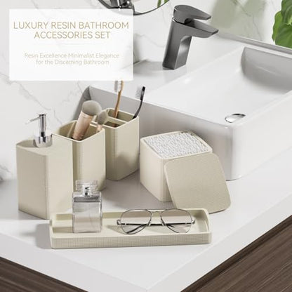 Beige Bathroom Accessories Set 5 Pieces, Resin Toothbrush Holders Set Complete with Soap Dispenser, Toothbrush Holder, Vanity Tray, Bathroom Tumbler and Qtip Holder for Small Spaces - size: 5 Pcs Bathroom Set, style: Beige